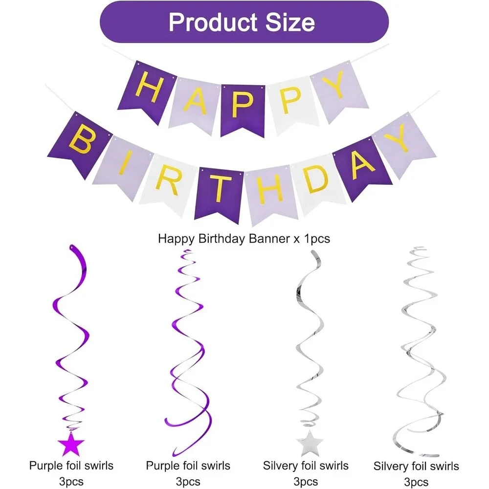 BEISHIDA Purple HAPPY BIRTHDAY Banner with 12pcs Purple and Silver Stars Hanging
